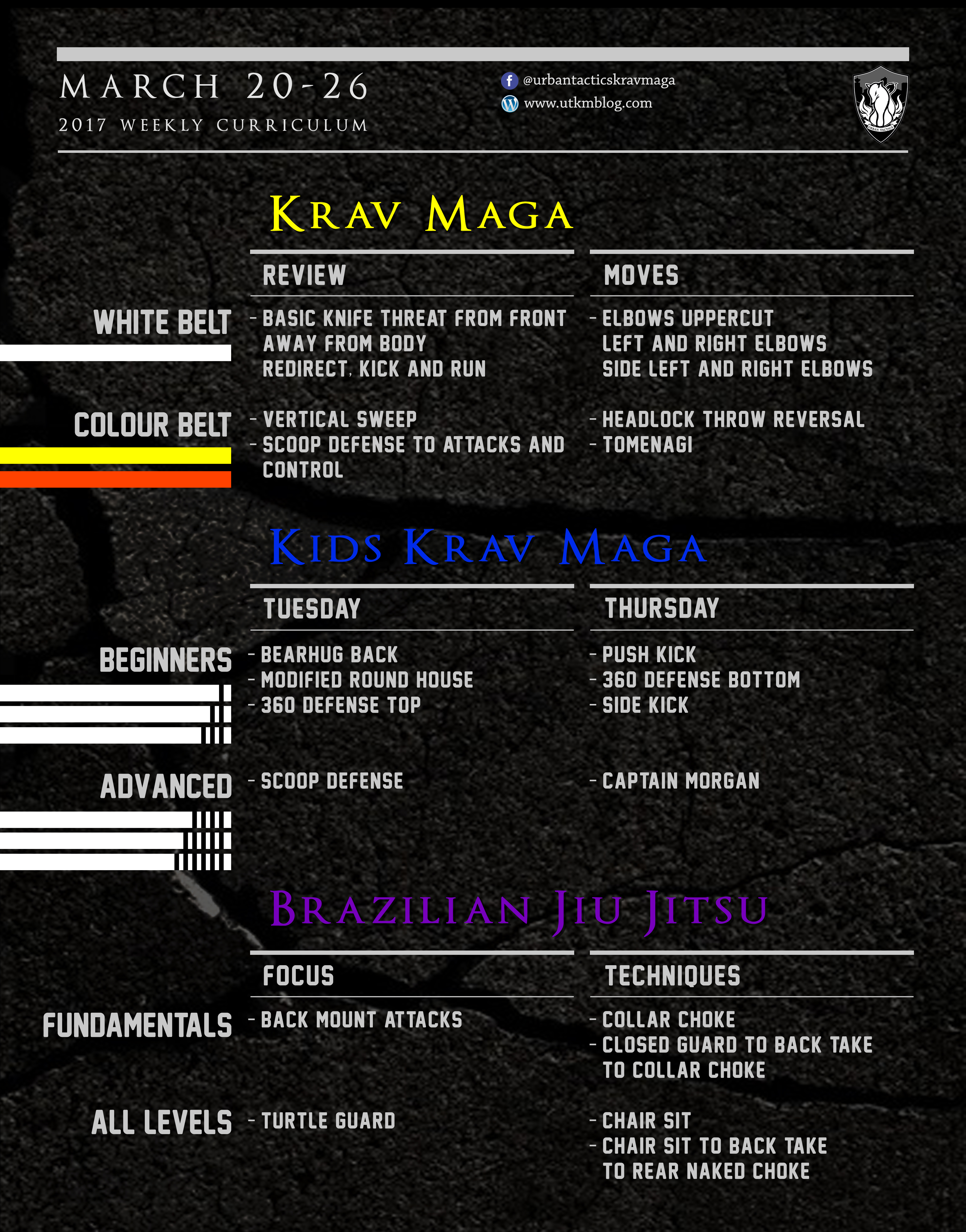 This week’s Krav Maga and BJJ curriculum: Mar 20-26, 2017