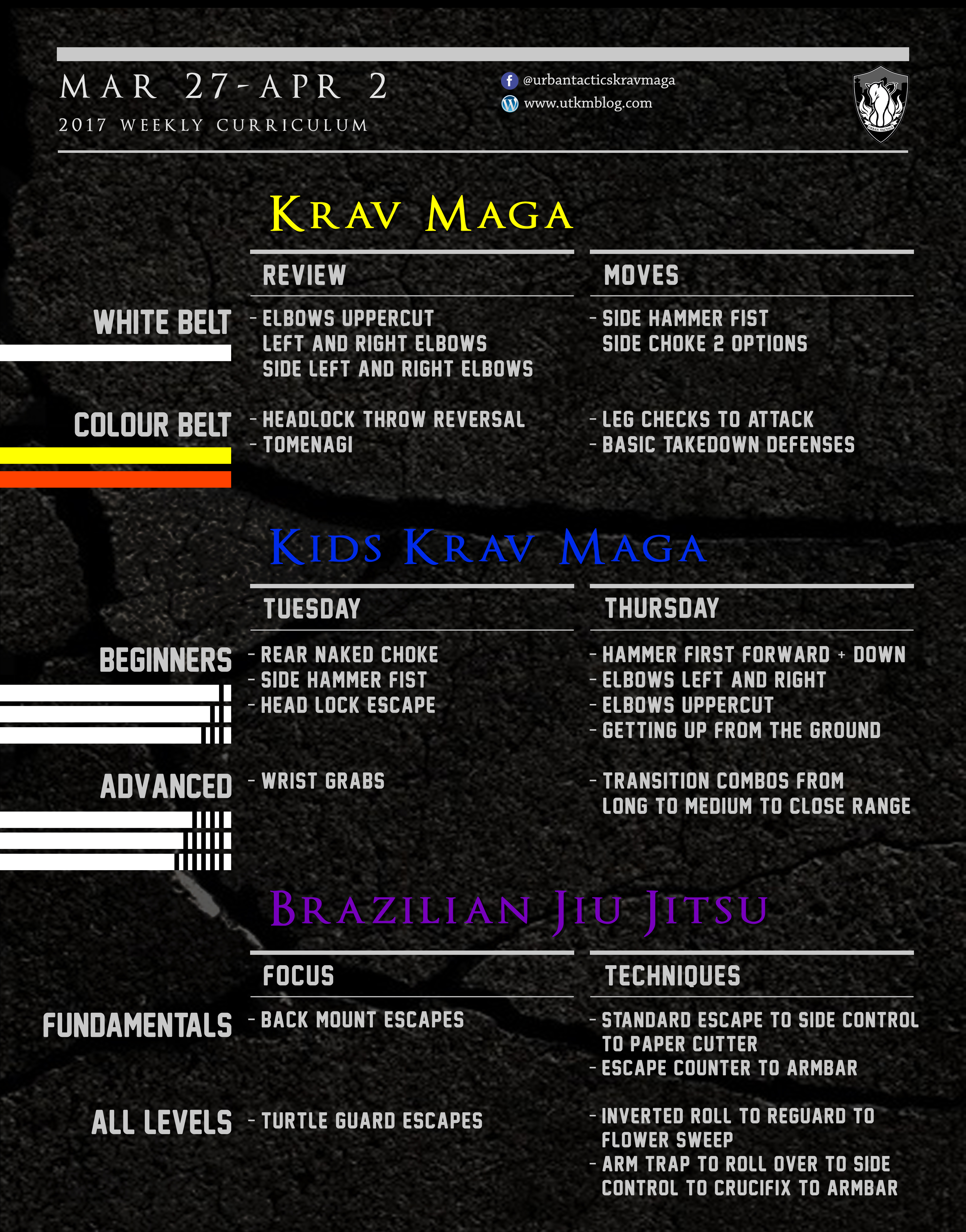 This week’s Krav Maga and BJJ curriculum: Mar 27-Apr 2, 2017