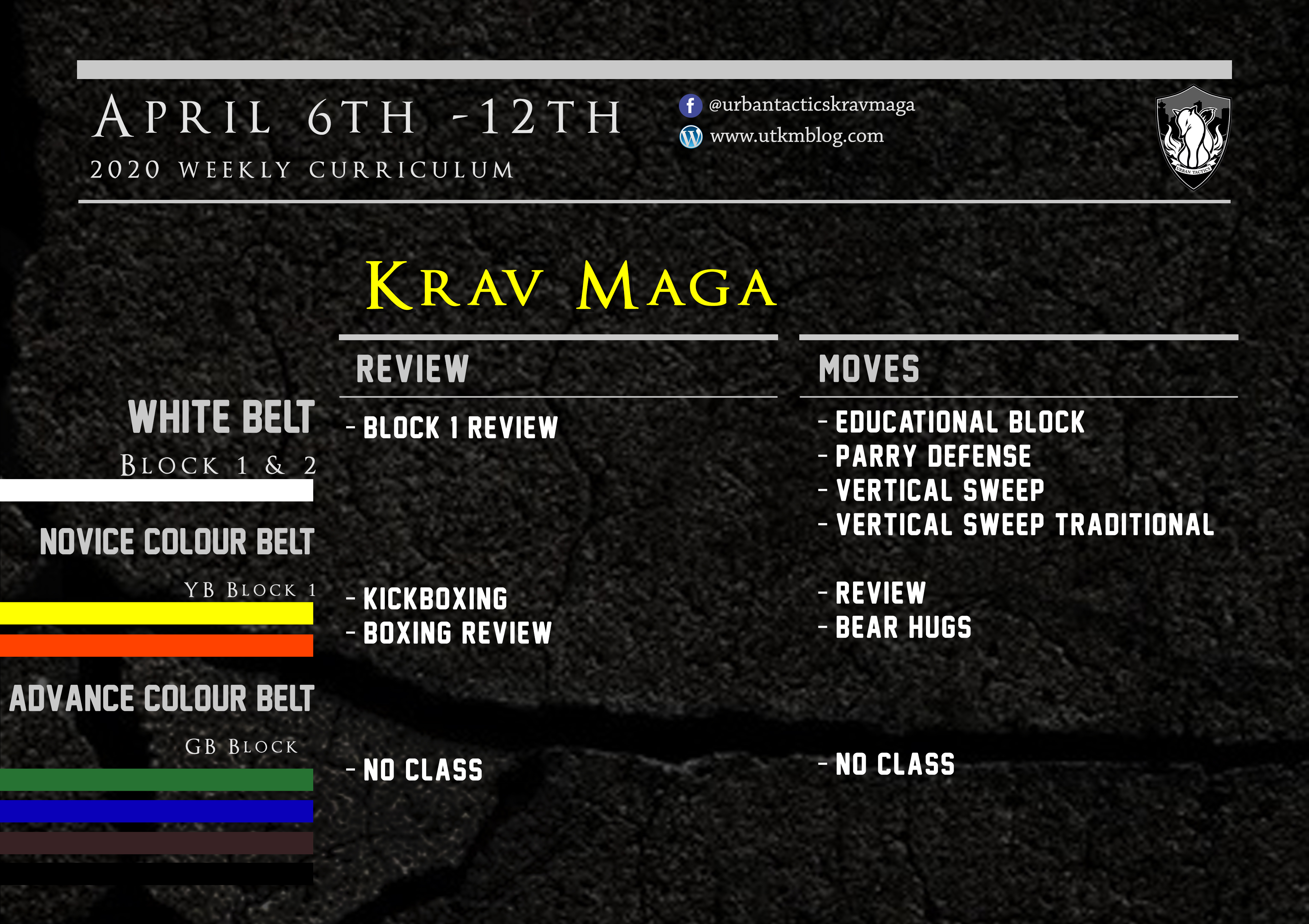 This week’s Krav Maga curriculum: (Virtual) April 6th-12th