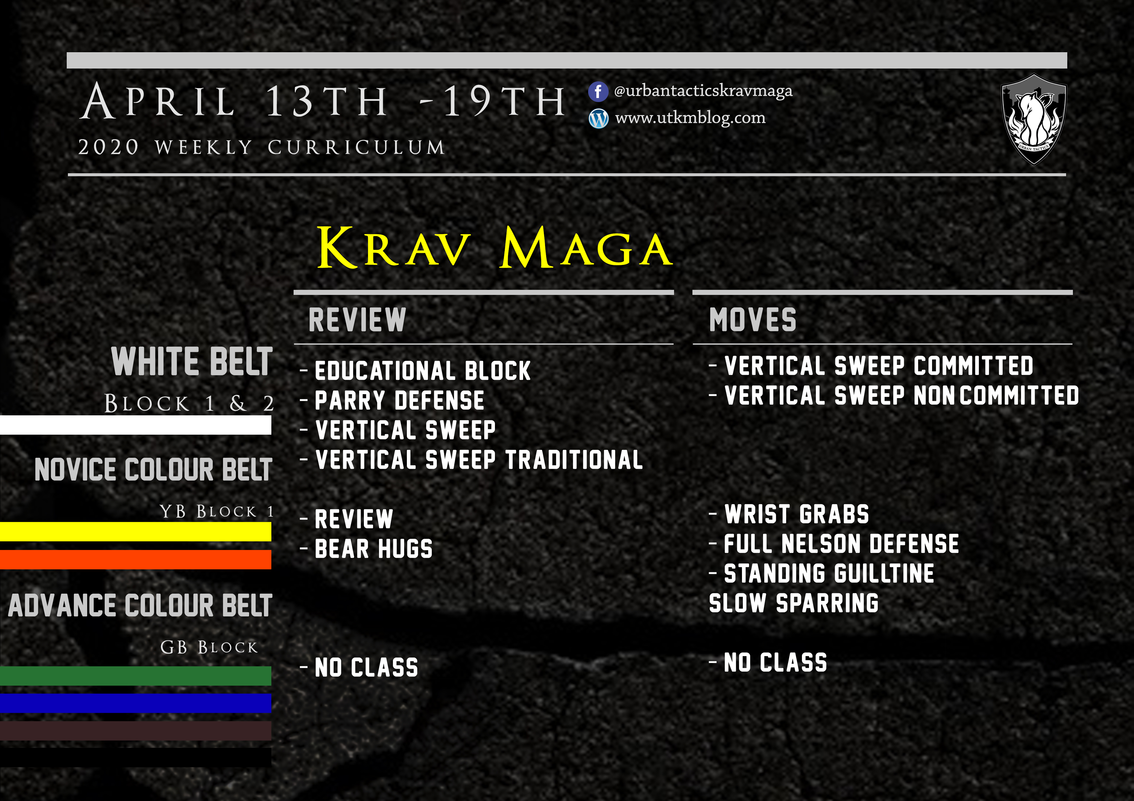 This week’s Krav Maga curriculum: (Virtual) April 13th-19th