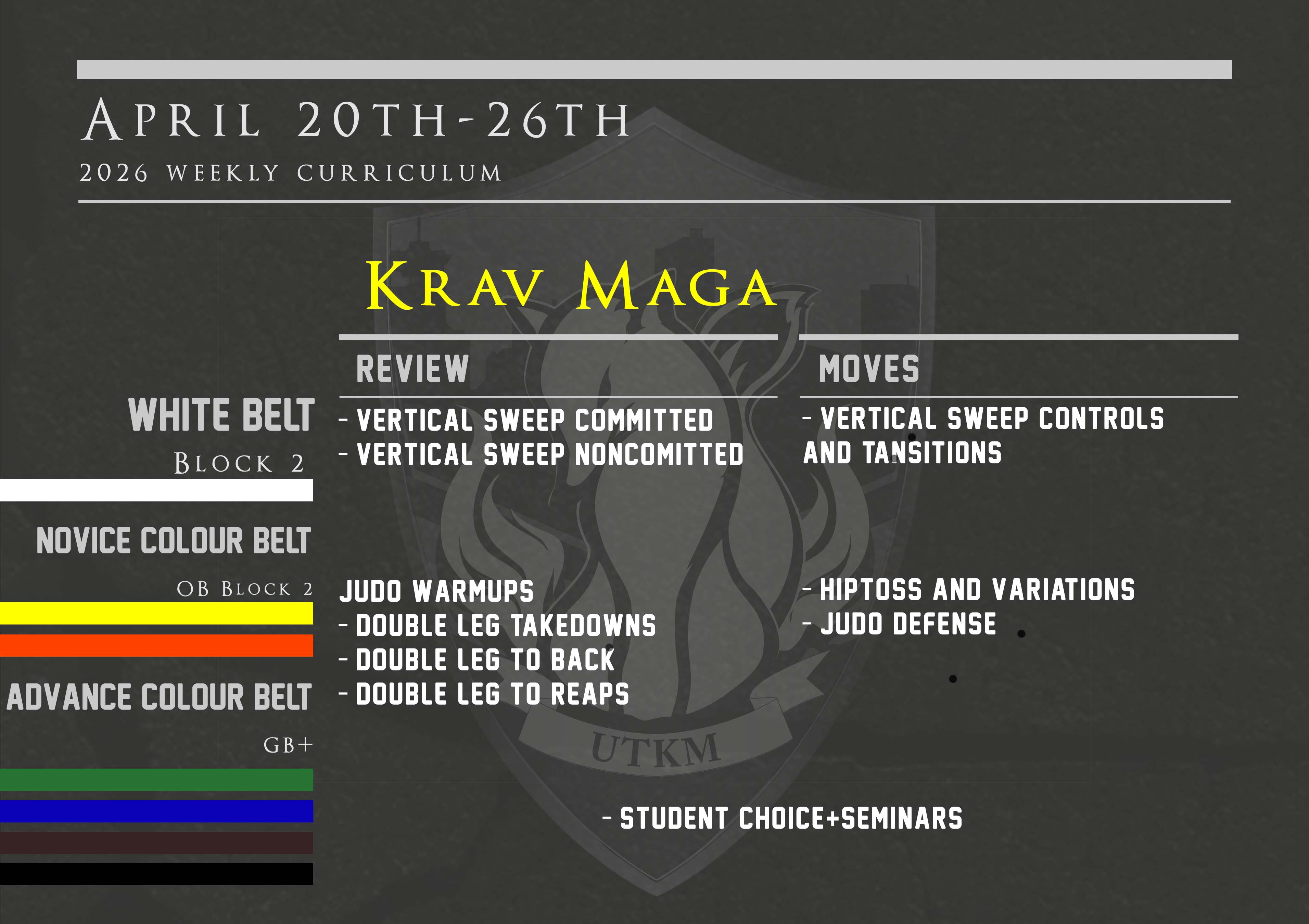 This week’s Krav Maga curriculum: April 20th – 26th.
